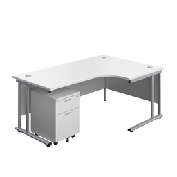 [TWU1812BUNRWHSV2] Twin Upright Right Hand Radial Desk + Mobile 2 Drawer Pedestal (FSC) | 1800X1200 | White/Silver | 
