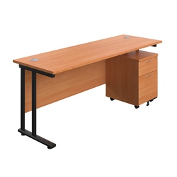 [TWU1860BUNBEBK2] Twin Upright Rectangular Desk + Mobile 2 Drawer Pedestal (FSC) | 1800X600 | Beech/Black | 