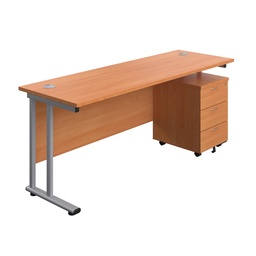 [TWU1860BUNBESV3] Twin Upright Rectangular Desk + Mobile 3 Drawer Pedestal (FSC) | 1800X600 | Beech/Silver | 