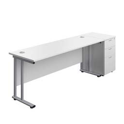 [TWU1860BUNDHWHSV] Twin Upright Rectangular Desk + Desk High 3 Drawer Pedestal (FSC) | 1800X600 | White/Silver | 