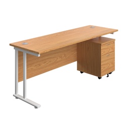 [TWU1860BUNNOWH2] Twin Upright Rectangular Desk + Mobile 2 Drawer Pedestal (FSC) | 1800X600 | Nova Oak/White | 