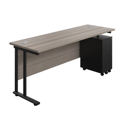 [TWU1860BUNSS3GOBK] Twin Upright Rectangular Desk + Slimline Steel Pedestal 3 Drawers (FSC) | 1800X600 | Grey Oak/Black | 