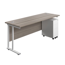 [TWU1860BUNSS3GOWH] Twin Upright Rectangular Desk + Slimline Steel Pedestal 3 Drawers (FSC) | 1800X600 | Grey Oak/White | 