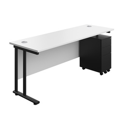 [TWU1860BUNSS3WHBK] Twin Upright Rectangular Desk + Slimline Steel Pedestal 3 Drawers (FSC) | 1800X600 | White/Black | 