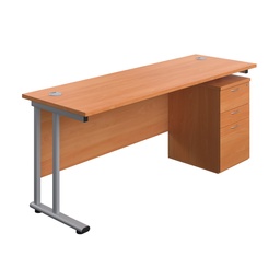 [TWU1860BUNUHBESV] Twin Upright Rectangular Desk + High Mobile Pedestal 3 Drawer (FSC) | 1800X600 | Beech/Silver | 