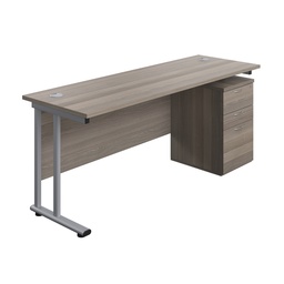 [TWU1860BUNUHGOSV] Twin Upright Rectangular Desk + High Mobile Pedestal 3 Drawer (FSC) | 1800X600 | Grey Oak/Silver | 