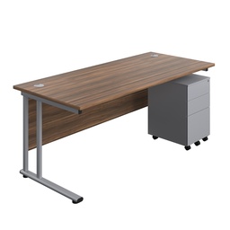 [TWU1880BUNS3DWSV] Twin Upright Rectangular Desk + Under Desk Steel Pedestal 3 Drawers (FSC) | 1800X800 | Dark Walnut/Silver | 