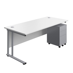[TWU1880BUNS3WHSV] Twin Upright Rectangular Desk + Under Desk Steel Pedestal 3 Drawers (FSC) | 1800X800 | White/Silver | 