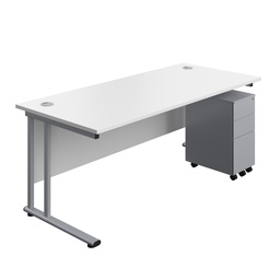 [TWU1880BUNSS3WHSV] Twin Upright Rectangular Desk + Slimline Steel Pedestal 3 Drawers (FSC) | 1800X800 | White/Silver | 