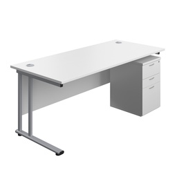 [TWU1880BUNUHWHSV] Twin Upright Rectangular Desk + High Mobile Pedestal 3 Drawer (FSC) | 1800X800 | White/Silver | 