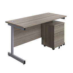 [SU1460GOSVP2] Single Upright Rectangular Desk + Mobile 2 Drawer Pedestal (FSC) | 1400 X 600 | Grey Oak/Silver | 