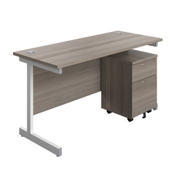 [SU1460GOWHP2] Single Upright Rectangular Desk + Mobile 2 Drawer Pedestal (FSC) | 1400 X 600 | Grey Oak/White | 
