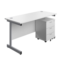 [SU1460WHSVP3] Single Upright Rectangular Desk + Mobile 3 Drawer Pedestal (FSC) | 1400 X 600 | White/Silver | 