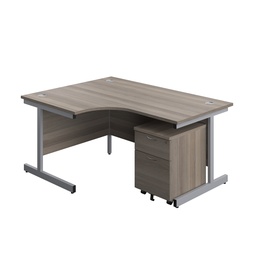 [SU1612BUNLGOSV2] Single Upright Left Hand Radial Desk + Mobile 2 Drawer Pedestal (FSC) | 1600 X 1200 | Grey Oak/Silver | 