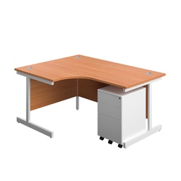 [SU1612BUNLS3BEWH] Single Upright Left Hand Radial Desk + Under Desk Steel Pedestal 3 Drawers (FSC) | 1600 X 1200 | Beech/White | 