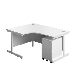 [SU1612BUNLS3WHWH] Single Upright Left Hand Radial Desk + Under Desk Steel Pedestal 3 Drawers (FSC) | 1600 X 1200 | White/White | 