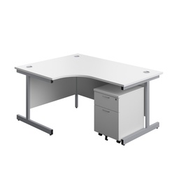 [SU1612BUNLWHSV2] Single Upright Left Hand Radial Desk + Mobile 2 Drawer Pedestal (FSC) | 1600 X 1200 | White/Silver | 