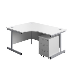 [SU1612BUNLWHSV3] Single Upright Left Hand Radial Desk + Mobile 3 Drawer Pedestal (FSC) | 1600 X 1200 | White/Silver | 