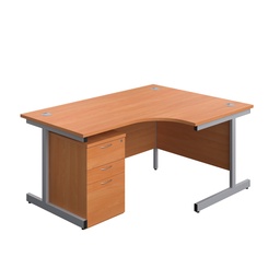 [SU1612BUNRUHBESV] Single Upright Right Hand Radial Desk + High Mobile Pedestal 3 Drawer (FSC) | 1600 X 1200 | Beech/Silver | 