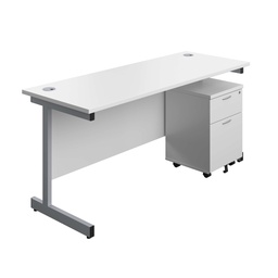 [SU1660WHSVP2] Single Upright Rectangular Desk + Mobile 2 Drawer Pedestal (FSC) | 1600 X 600 | White/Silver | 