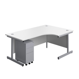 [SU1812BUNRSS3WHSV] Single Upright Right Hand Radial Desk + Slimline Steel Pedestal 3 Drawers (FSC) | 1800 X 1200 | White/Silver | 