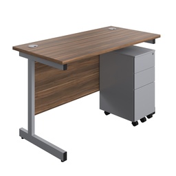 [SUBUN1260SS3DWSV] Single Upright Rectangular Desk + Slimline Steel Pedestal 3 Drawers (FSC) | 1200 X 600 | Dark Walnut/Silver | 