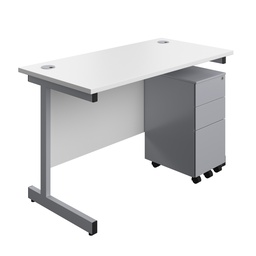 [SUBUN1260SS3WHSV] Single Upright Rectangular Desk + Slimline Steel Pedestal 3 Drawers (FSC) | 1200 X 600 | White/Silver | 