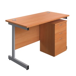 [SUBUN1260UHBESV] Single Upright Rectangular Desk + High Mobile Pedestal 3 Drawer (FSC) | 1200 X 600 | Beech/Silver | 