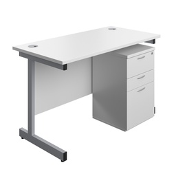 [SUBUN1260UHWHSV] Single Upright Rectangular Desk + High Mobile Pedestal 3 Drawer (FSC) | 1200 X 600 | White/Silver | 
