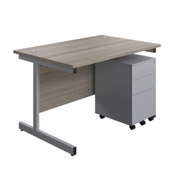 [SUBUN1280S3GOSV] Single Upright Rectangular Desk + Under Desk Steel Pedestal 3 Drawers (FSC) | 1200 X 800 | Grey Oak/Silver | 