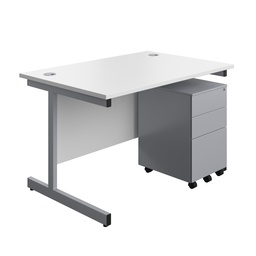 [SUBUN1280S3WHSV] Single Upright Rectangular Desk + Under Desk Steel Pedestal 3 Drawers (FSC) | 1200 X 800 | White/Silver | 