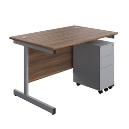 [SUBUN1280SS3DWSV] Single Upright Rectangular Desk + Slimline Steel Pedestal 3 Drawers (FSC) | 1200 X 800 | Dark Walnut/Silver | 