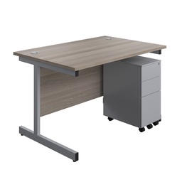 [SUBUN1280SS3GOSV] Single Upright Rectangular Desk + Slimline Steel Pedestal 3 Drawers (FSC) | 1200 X 800 | Grey Oak/Silver | 