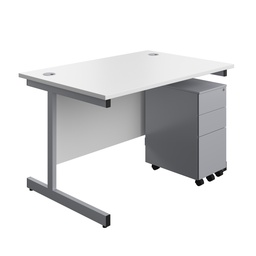 [SUBUN1280SS3WHSV] Single Upright Rectangular Desk + Slimline Steel Pedestal 3 Drawers (FSC) | 1200 X 800 | White/Silver | 