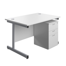 [SUBUN1280UHWHSV] Single Upright Rectangular Desk + High Mobile Pedestal 3 Drawer (FSC) | 1200 X 800 | White/Silver | 