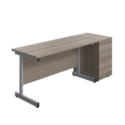 [SUBUN1460DHGOSV] Single Upright Rectangular Desk + Desk High 3 Drawer Pedestal (FSC) | 1400 X 600 | Grey Oak/Silver | 