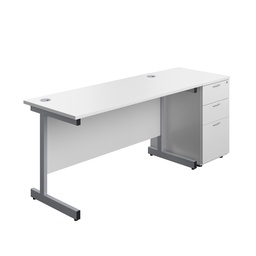 [SUBUN1460DHWHSV] Single Upright Rectangular Desk + Desk High 3 Drawer Pedestal (FSC) | 1400 X 600 | White/Silver | 