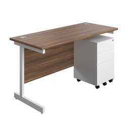 [SUBUN1460S3DWWH] Single Upright Rectangular Desk + Under Desk Steel Pedestal 3 Drawers (FSC) | 1400 X 600 | Dark Walnut/White | 