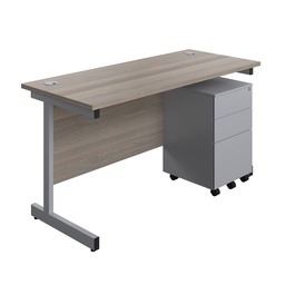 [SUBUN1460S3GOSV] Single Upright Rectangular Desk + Under Desk Steel Pedestal 3 Drawers (FSC) | 1400 X 600 | Grey Oak/Silver | 