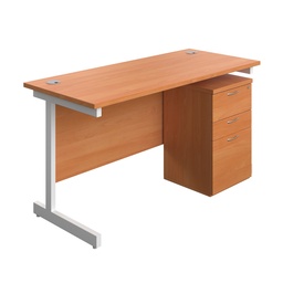 [SUBUN1460UHBEWH] Single Upright Rectangular Desk + High Mobile Pedestal 3 Drawer (FSC) | 1400 X 600 | Beech/White | 