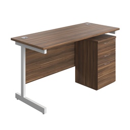[SUBUN1460UHDWWH] Single Upright Rectangular Desk + High Mobile Pedestal 3 Drawer (FSC) | 1400 X 600 | Dark Walnut/White | 