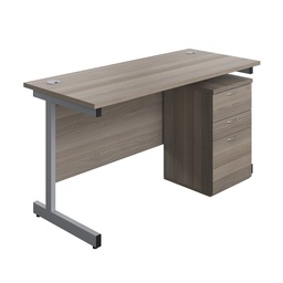 [SUBUN1460UHGOSV] Single Upright Rectangular Desk + High Mobile Pedestal 3 Drawer (FSC) | 1400 X 600 | Grey Oak/Silver | 
