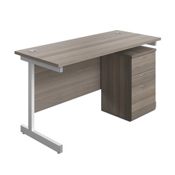 [SUBUN1460UHGOWH] Single Upright Rectangular Desk + High Mobile Pedestal 3 Drawer (FSC) | 1400 X 600 | Grey Oak/White | 