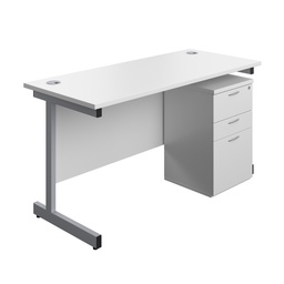 [SUBUN1460UHWHSV] Single Upright Rectangular Desk + High Mobile Pedestal 3 Drawer (FSC) | 1400 X 600 | White/Silver | 