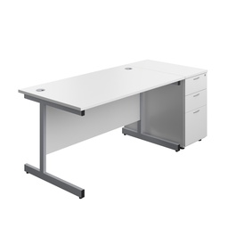 [SUBUN1480DHWHSV] Single Upright Rectangular Desk + Desk High 3 Drawer Pedestal (FSC) | 1400 X 800 | White/Silver | 