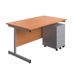 [SUBUN1480S3BESV] Single Upright Rectangular Desk + Under Desk Steel Pedestal 3 Drawers (FSC) | 1400 X 800 | Beech/Silver | 