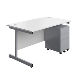 [SUBUN1480S3WHSV] Single Upright Rectangular Desk + Under Desk Steel Pedestal 3 Drawers (FSC) | 1400 X 800 | White/Silver | 
