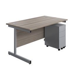 [SUBUN1480SS3GOSV] Single Upright Rectangular Desk + Slimline Steel Pedestal 3 Drawers (FSC) | 1400 X 800 | Grey Oak/Silver | 