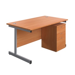 [SUBUN1480UHBESV] Single Upright Rectangular Desk + High Mobile Pedestal 3 Drawer (FSC) | 1400 X 800 | Beech/Silver | 