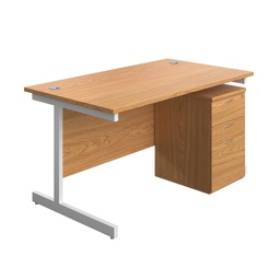 [SUBUN1480UHNOWH] Single Upright Rectangular Desk + High Mobile Pedestal 3 Drawer (FSC) | 1400 X 800 | Nova Oak/White | 